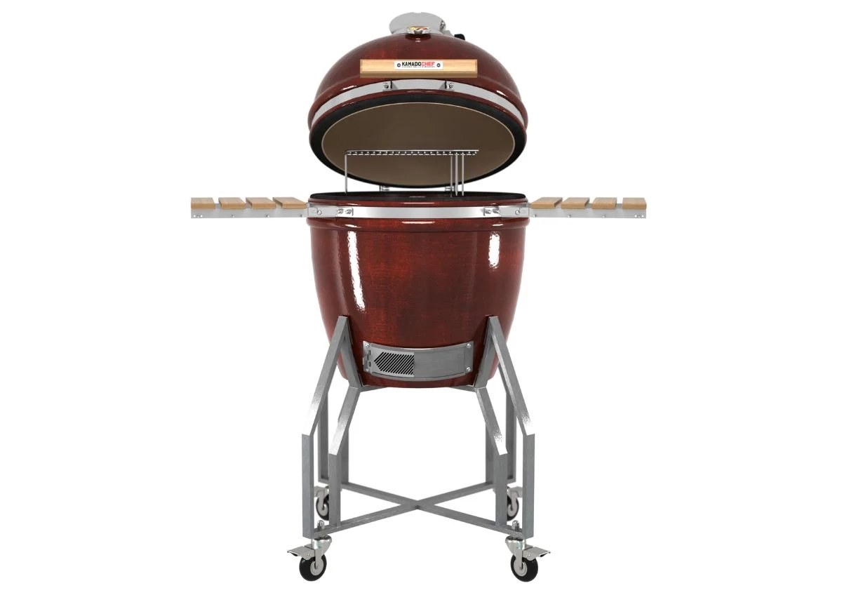 Kamado Chef 19 Red lid open with folding shelves