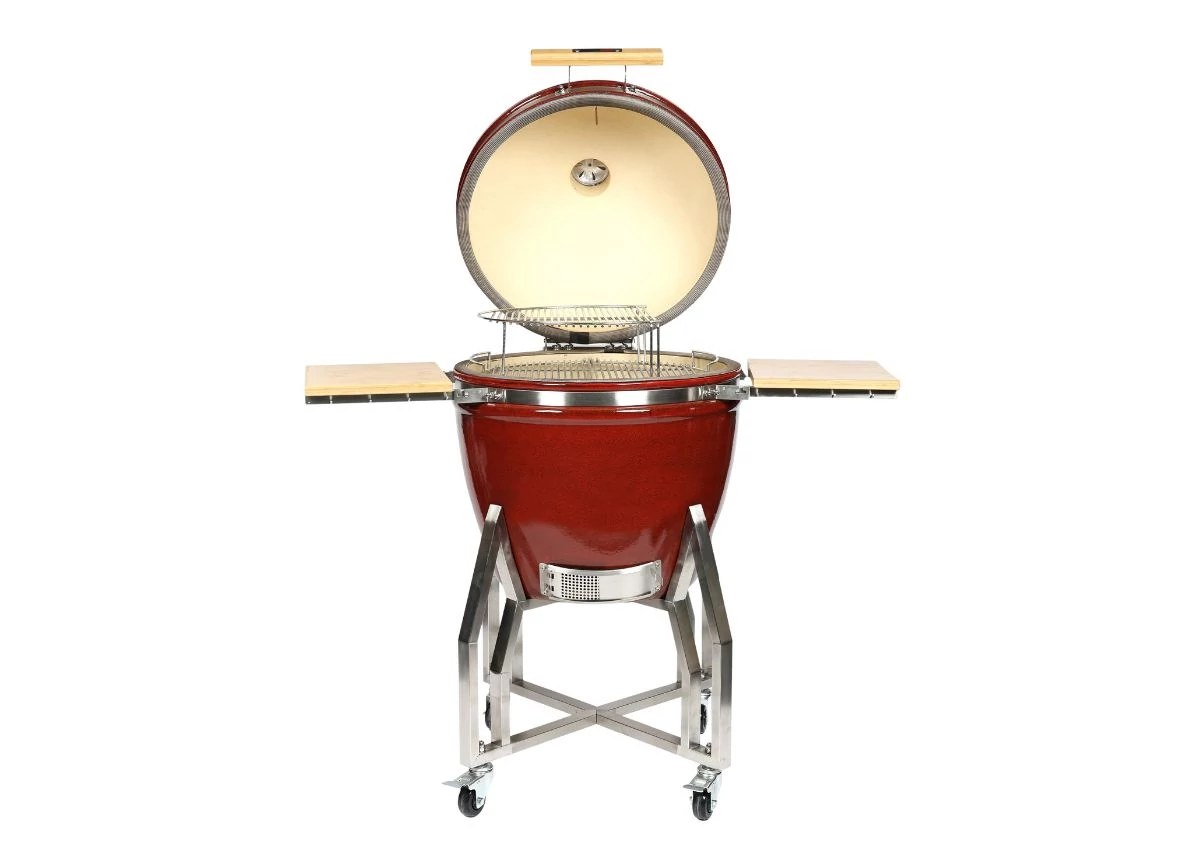 Kamado Chef 22 Red lid open with folding shelves