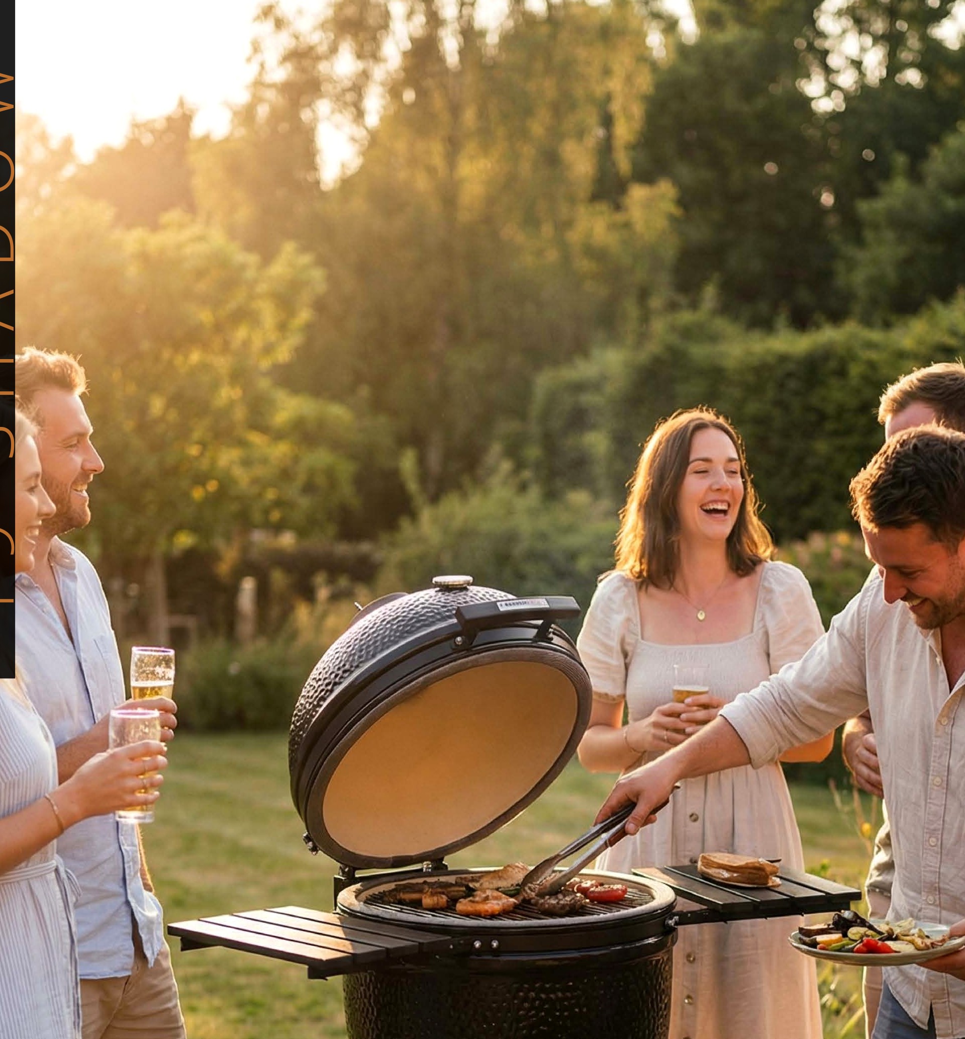 Friends gathered around a Kamado Chef at golden hour