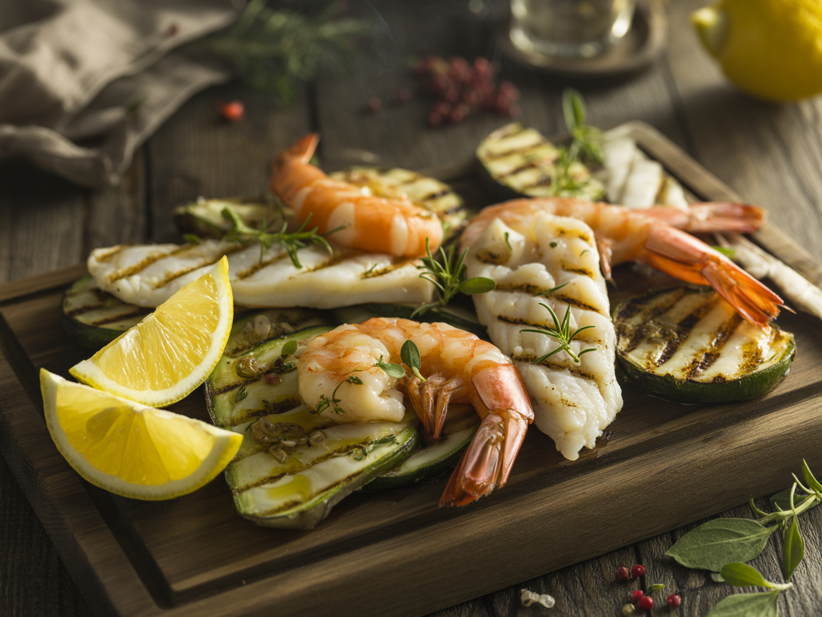 Char-grilled vegetables and seafood